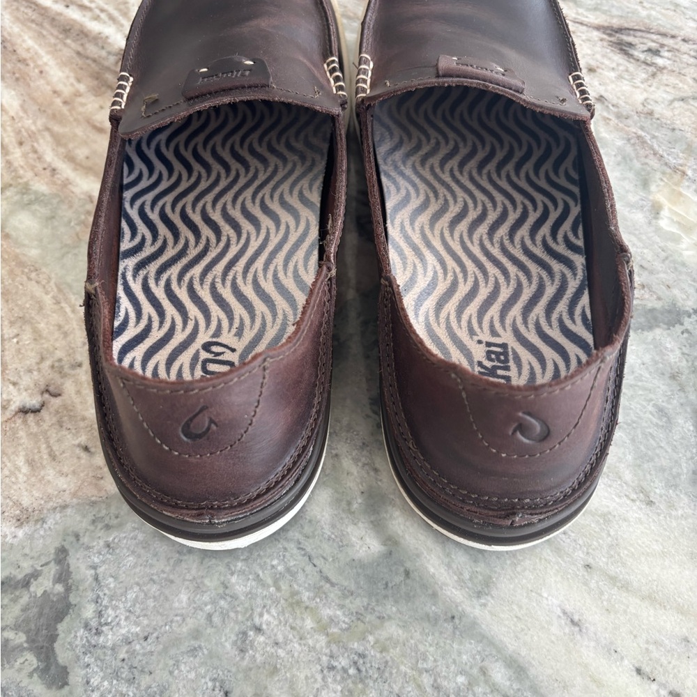 OluKai Dark Brown Leather Boat Shoes - Picture 1 of 5